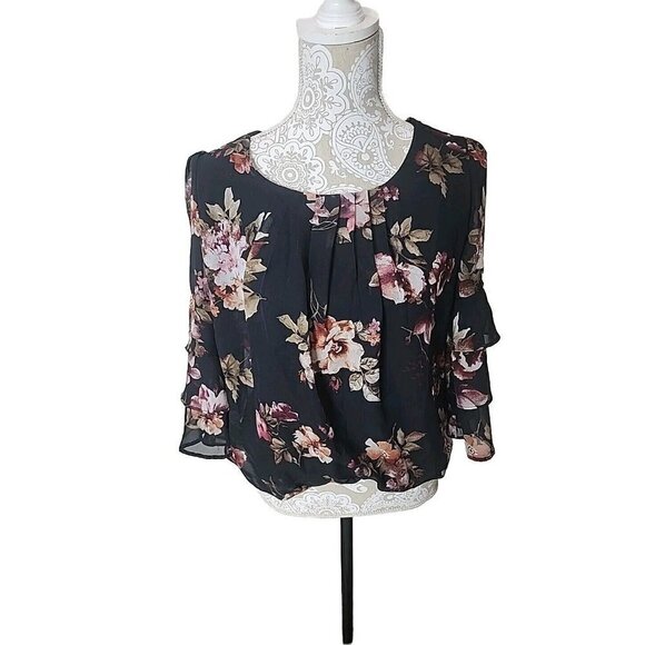 Roz & Ali Top Black Wine Floral 3/4 Ruffle Bell Sleeve Keyhole Petite Medium PM - Picture 1 of 9
